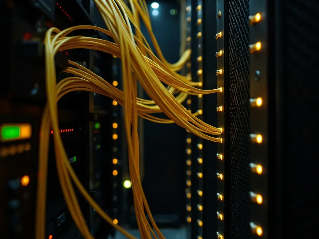 A detailed technical close-up of a server rack with gold-pla