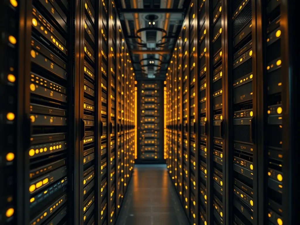 Close up of high tech server racks with golden lights and da