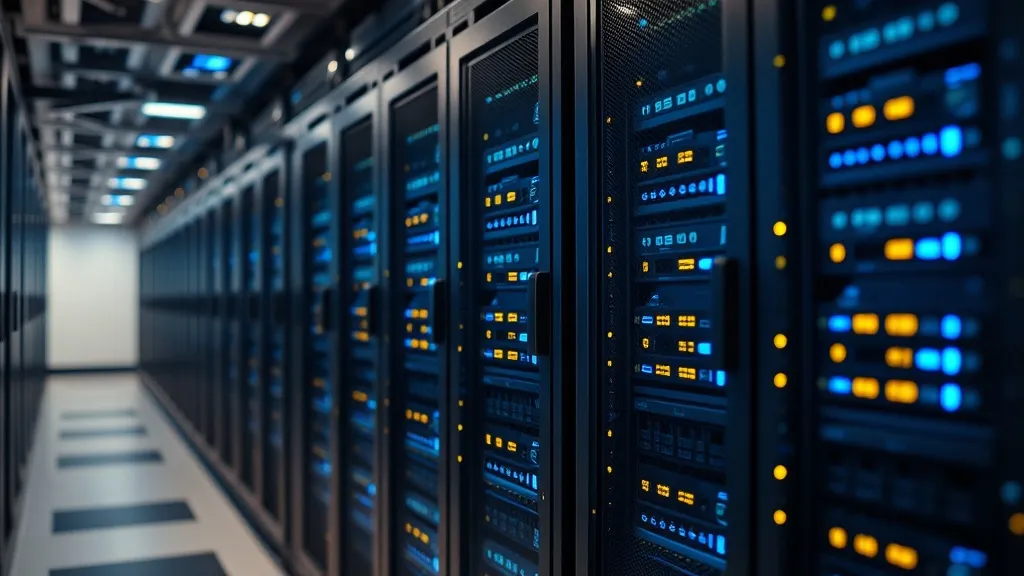 Professional data center server racks with blue and gold ind